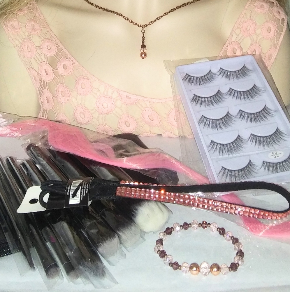 Lot; Glass Crystal Rose & Copper Jewelry Set, Makeup Brushes, Lashes, Hair Accs